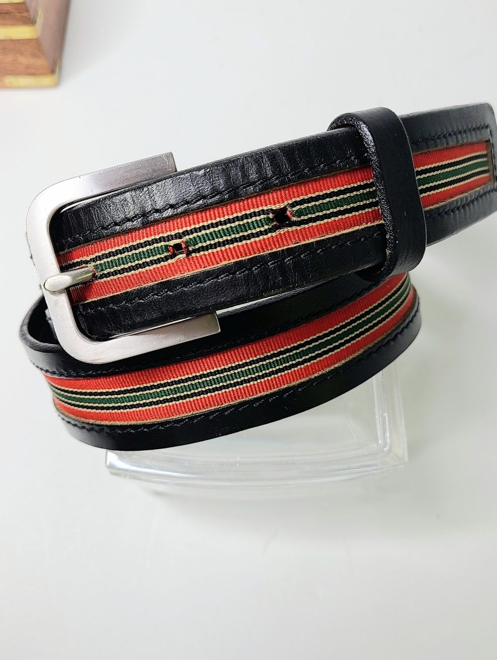 Banana Republic Striped Canvas Italian Leather Made in USA Vintage Belt